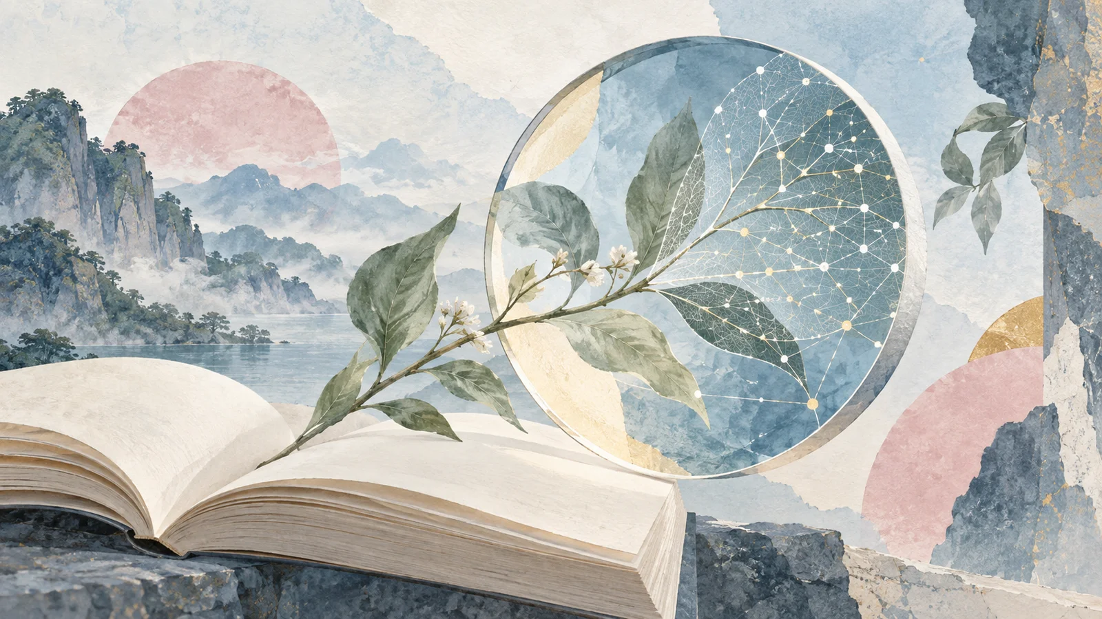 书本、透镜与植物脉络构成的概念插画